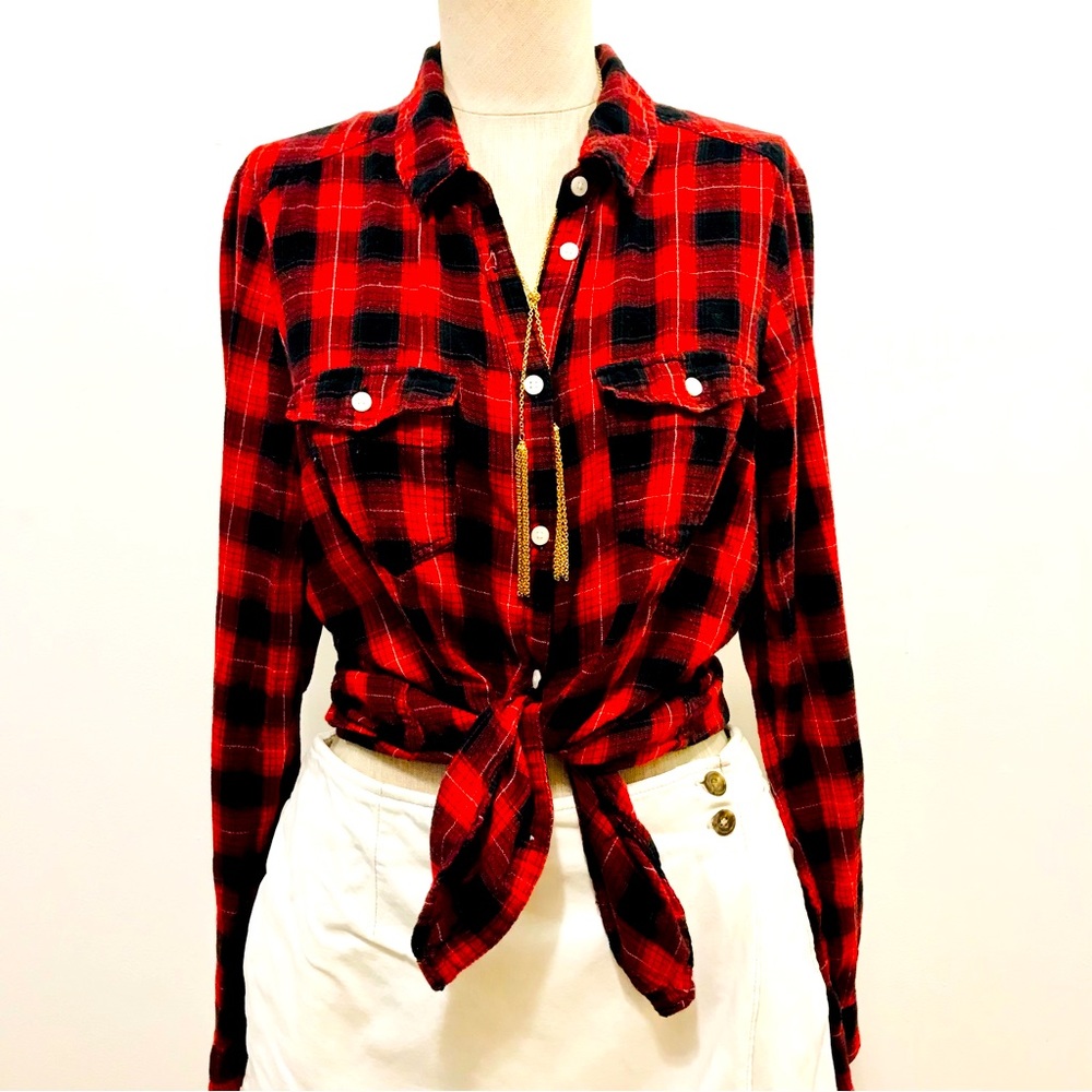 Divided red, black and white plaid shirt. Size 12 (kid). Can make a size 2 or XS